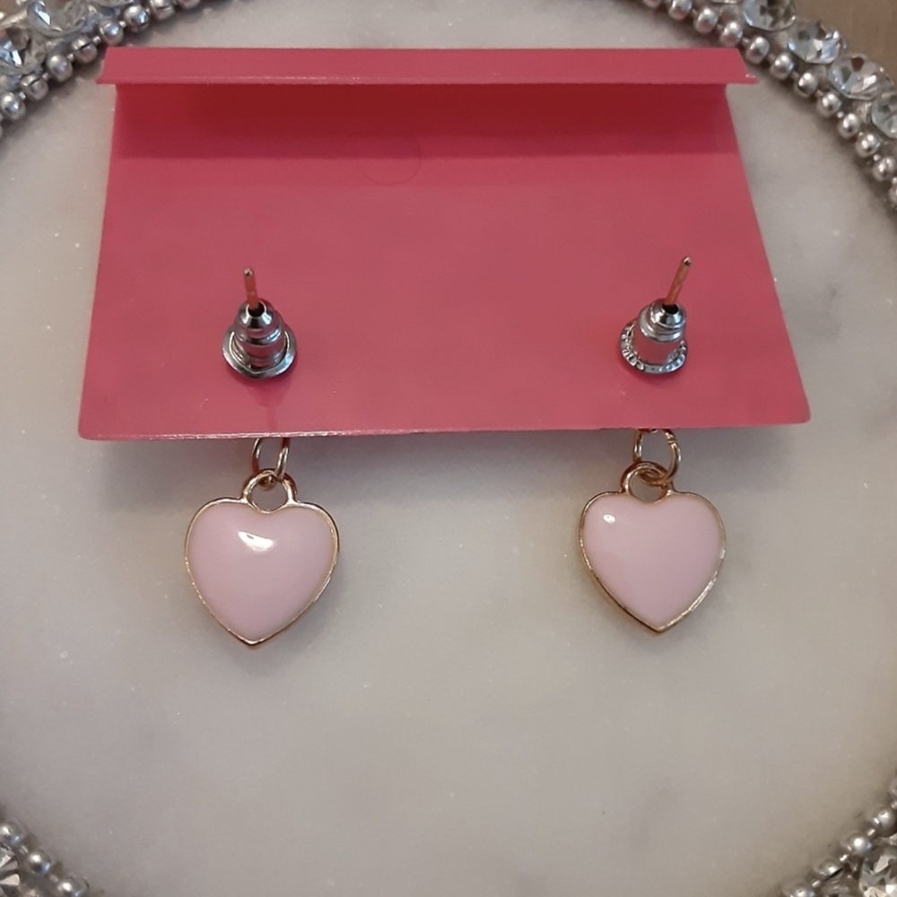 Dainty Pink Heart Rhinestone Crystal Earrings Love Valentine New - Picture 3 of 5